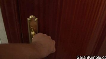 Sarah Kimble fingers her pussy in the comfort room, licking and rubbing until orgasm