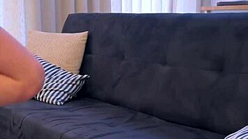 We fuck hard on the couch, my tight pussy riding his monster cock