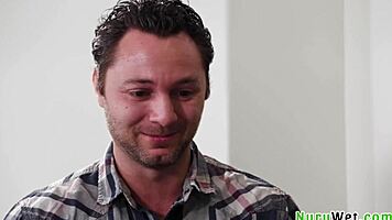 Sensual hot teen masseuse pours nuru gel on herself and client