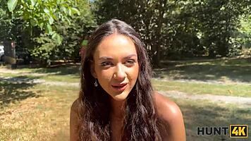 A hunter convinces a young European lady to give a blowjob outdoors, cheating on her husband right away