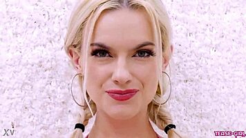 radiant blonde girl casually shows off her sexy body in a photoshoot