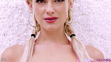 radiant blonde girl casually shows off her sexy body in a photoshoot