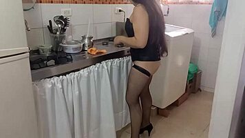 I met her at the bar and turned her into my maid whore, paying for chores in corset, stockings, and heels while she loves the groping.