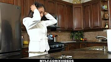 Milf rewarding young guy with hard fuck in kitchen