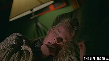 Stunning petite blonde with small tits drenched in sweat during her intense close-up solo workout with socks