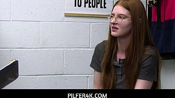 Redhead shoplifter fucks loss prevention officer to escape