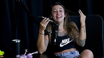 safada performs sensual stripper show revealing breasts after denying transsexual suggestion and recalling virginity loss