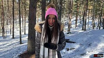 Real Sex in Snowy Forest Ends with Creampie