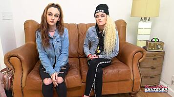 skinny hotties sassy and lola share a juicy cock to suck and get banged
