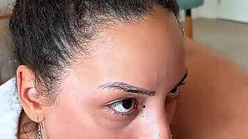 brunette nasty latina swallows every drop in deepthroat pov, choking and gagging