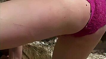 Coed Ana Fey rubs her pussy over the panties where anyone can watch 😏