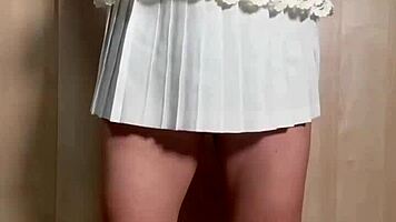 Girls in maid uniforms, bloomers, tennis outfits, skirts, shorts, and costumes with ponytails performing embarrassing exercises