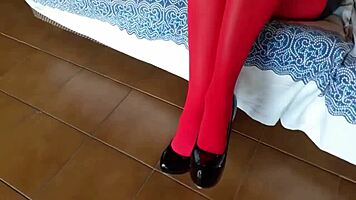 The milf with beautiful legs red pantyhose and black heels