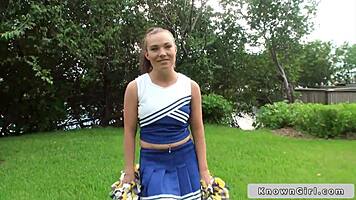 Busty cheerleader flashes tits outdoors!