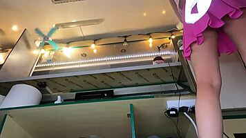 Hey, check out this 18 yo hot bitch working without bra or panties at the summer festival! 😏