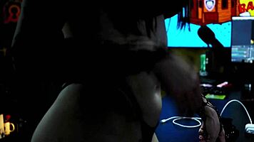 Victoria Camargo Bent Over on Podcast Table