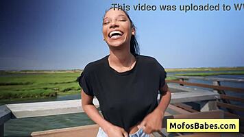 Sexy ebony girl rubs her clit and shows big boobs in car, eden west says