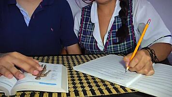 'The horny student fucked and creampied her study partner on the bed'