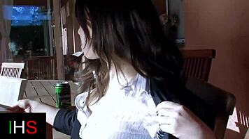 Curious brunette explores outdoor pleasures by the pool