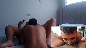 Squirting pussy contrasts with a latino man's eager mouth.