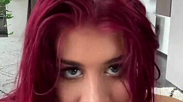 twerks while rimming - petite busty redhead deepthroat blowjob pov facial cumshot