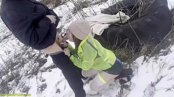 My horny girlfriend gets deep fucked in public snow