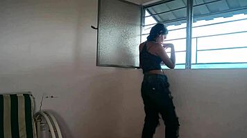 She enjoys riding my huge cock, stretching her tight pussy