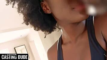 The petite ebony realtor seduces a potential client during an open house fucking session.