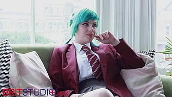 an alt goth girl gets her pussy licked, sucks a big cock, and receives a facial at the party