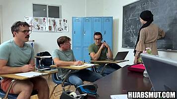 Muslim teacher foursome fucked by american students in classroom