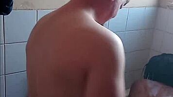 in the bathroom, she gives a passionate blowjob