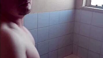 in the bathroom, she gives a passionate blowjob