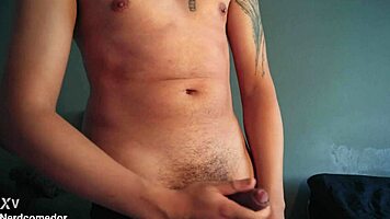 Nerd Dotado Strips Underwear And Jerks Off Hard!