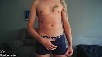 Nerd Dotado Strips Underwear And Jerks Off Hard!