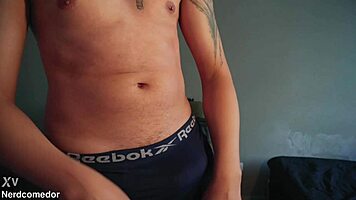 Nerd Dotado Strips Underwear And Jerks Off Hard!