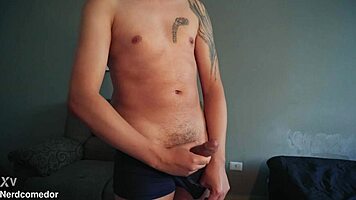 Nerd Dotado Strips Underwear And Jerks Off Hard!