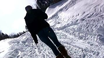 on ski trip blonde cutie strips naked and pees in fresh snow