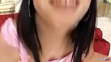 slim blue eyed redhead with saggy tits picked up for wild mmf threesome