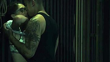 Petite glasses teen bound outdoors sucks then rides cock hard