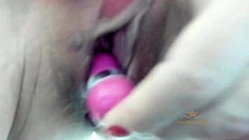 sexy russian milf jerks hairy pussy close-up moaning cums on husband's face