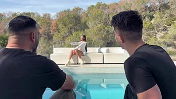 Pool girl squirts craving two huge Spanish cocks