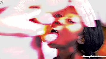 Oiled ebony babe slurps thick cum after deepthroat interracial blowjob