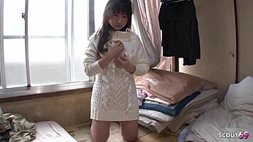 Petite Japanese beauty delivers first POV blowjob then swallows eagerly