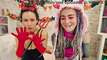 Anuskatzz and Stacy Bloom's Halloween anal toy lesbian licking frenzy