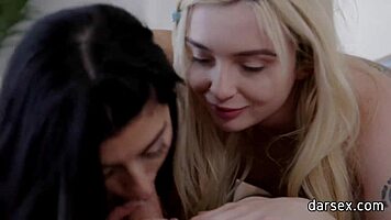 Horny blonde teen Lexi Lore shares roommate's huge cock, deepthroating with brunette pal