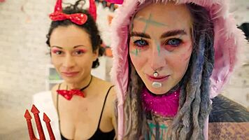 Anuskatzz and Stacy Bloom's Halloween anal toy lesbian licking frenzy