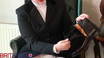 Victoria's boots need licking before you cum on my feet