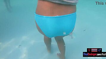 Asian Girlfriend Pool Splash Turns Horny Shower Sex