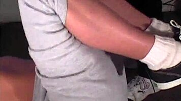 maria shadoes flexes redhead milf curves in gym bts