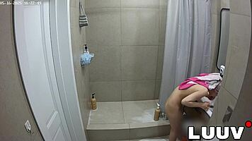 Luuv Brunette Shares Sexy Shower Routine Flashing Natural Tits Voyeur Style